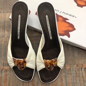 Donald J. Pliner White Slide Sandals with Tortoiseshell Accent